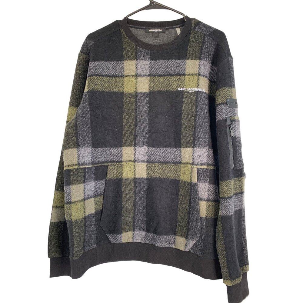 Karl Lagerfeld Paris Plaid Wool Crewneck Sweater L/G With Zip Pocket RF10607